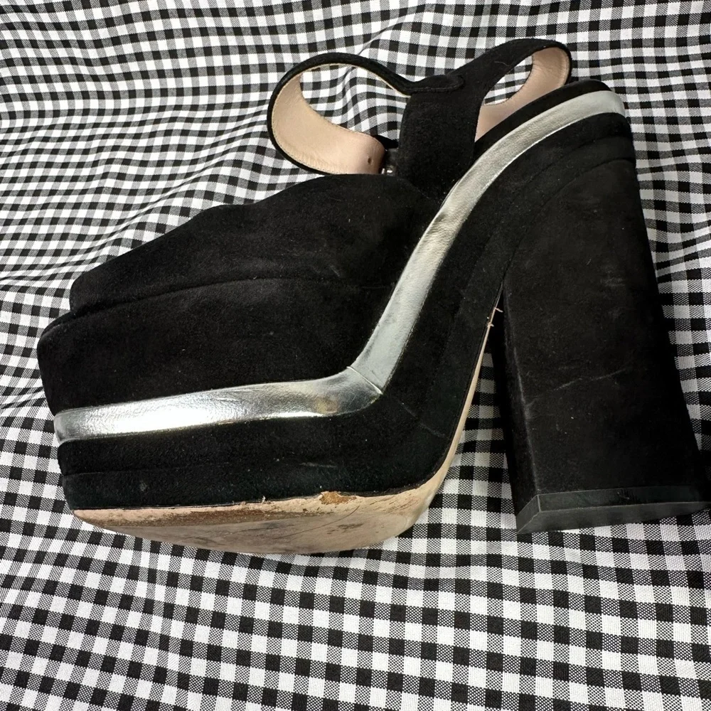 Miu Miu Black Silver Metallic 70s Disco Style Suede Platform Sandals EU 38 US 8